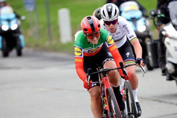 NINOVE, BELGIUM - FEBRUARY 24: (L-R) Elisa Longo Borghini ofElisa Longo Borghini (Lidl-Trek) on the attack en route to third place at the 2024 Omloop Het Nieuwsblad Italy and Team Lidl-Trek and Lotte Kopecky of Belgium and Team SD Worx-Protime compete in the breakaway during the 16th Omloop Het Nieuwsblad 2024, Women