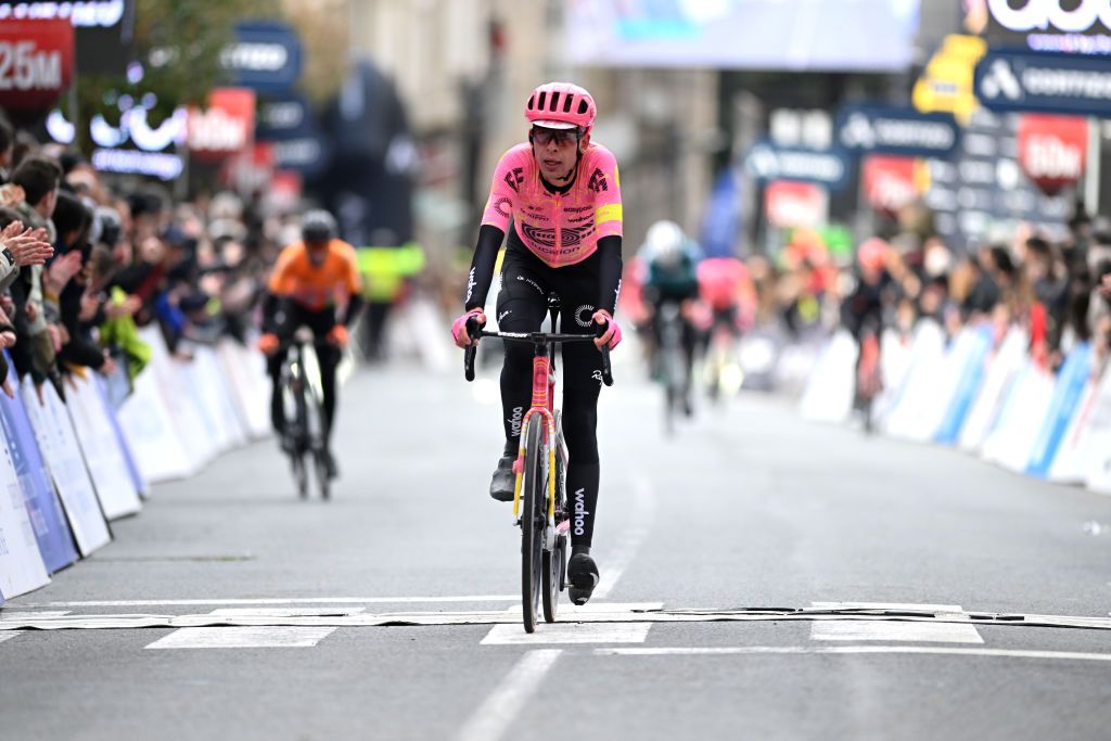 RIBADAVIA SPAIN FEBRUARY 24 Hugh Carthy of The United Kingdom and Team EF Education EasyPost crosses the finish line during the 3rd O Gran Camio The Historical Route 2024 Stage 4 a 1732km stage from Xinzo de Limia to Castelo de Ribadavia on February 24 2024 in Castelo de Ribadavia Spain Photo by Dario BelingheriGetty Images