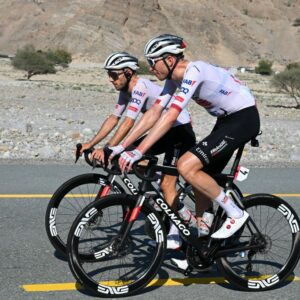 Adam Yates riding with teammate Vegard Stake Laengen during the UAE Tour on Wednesday