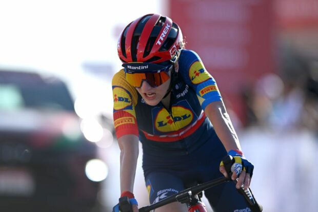 JEBEL HAFEET, UNITED ARAB EMIRATES - FEBRUARY 10: Gaia Realini of Italy and Team Lidl-Trek crosses the finish line during the 2nd UAE Tour 2024, Stage 3 a 128km stage from Police Museum - Al Ain to Jebel Hafeet 1031m / #UCIWWT / on February 10, 2024 in Jebel Hafeet, United Arab Emirates. (Photo by Dario Belingheri/Getty Images)