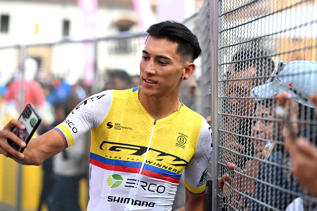 TUNJA, COLOMBIA - FEBRUARY 04: Alejandro Osorio of Colombia and Team GW Erco Shimano during the 4th Tour Colombia 2024 - Team Presentation on February 04, 2024 in Tunja, Colombia. (Photo by Maximiliano Blanco/Getty Images)