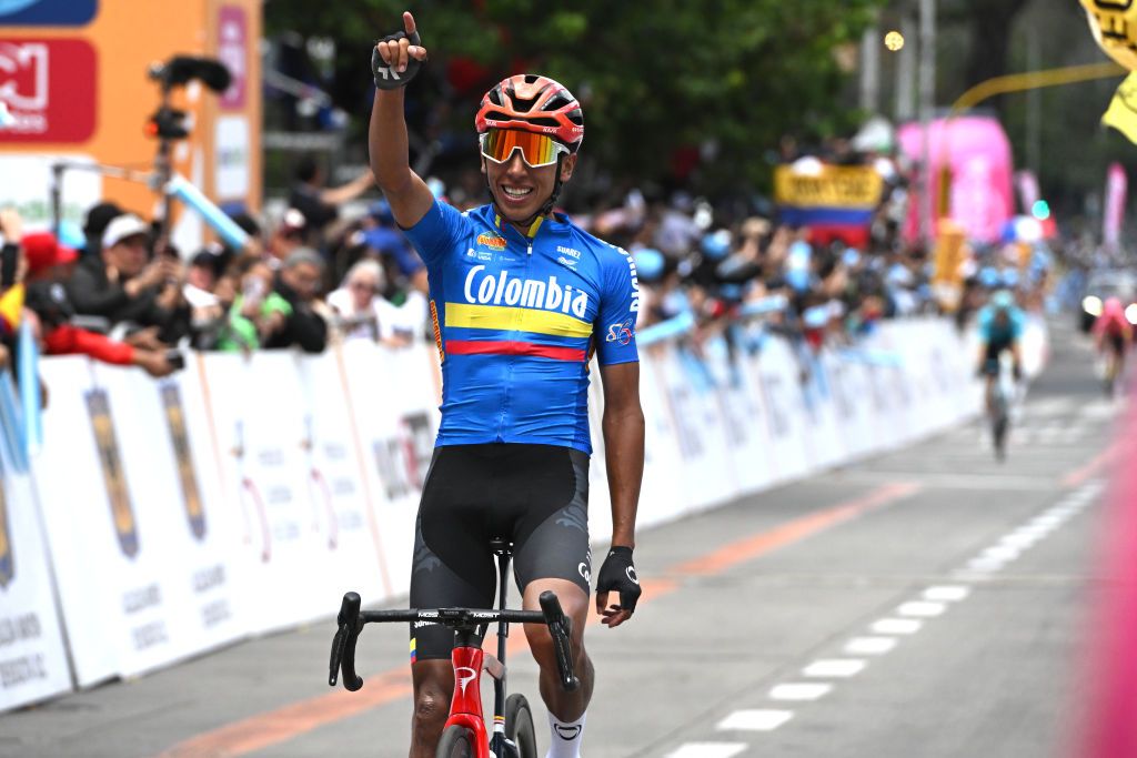 Egan Bernal celebrates upon finishing the 2024 Tour Colombia in fifth overall