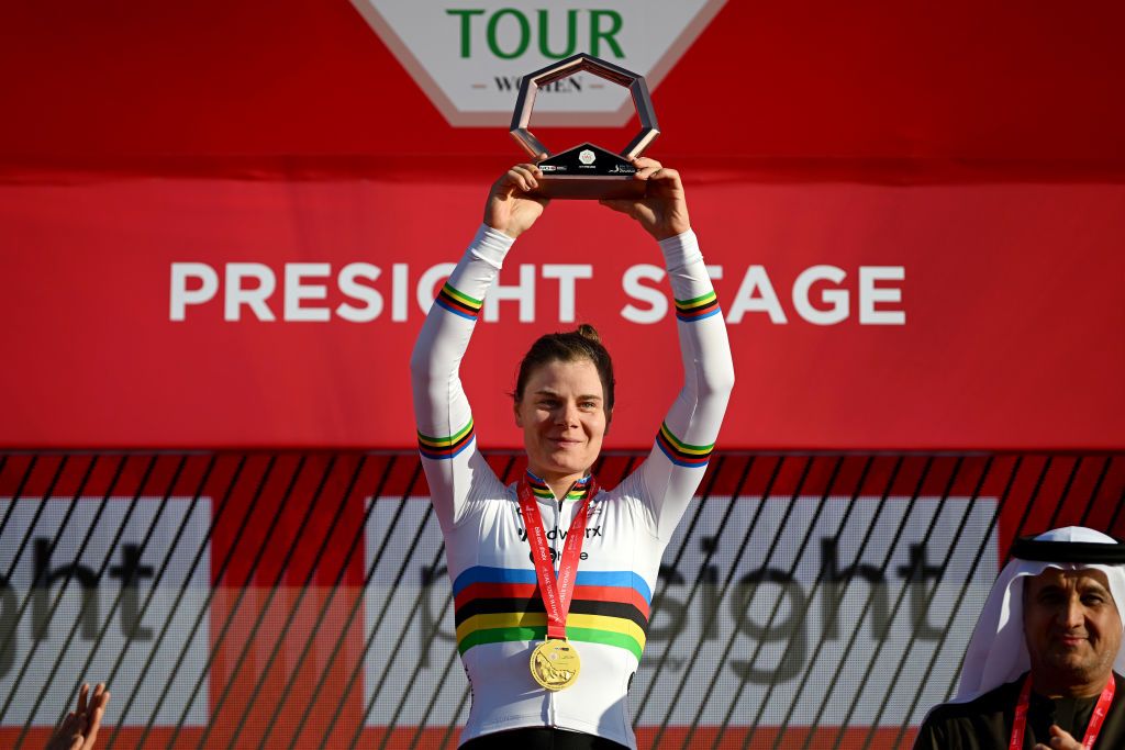 World champion Lotte Kopecky (SD Worx-Protime) celebrates her Jebel Hafeet stage win on the podium