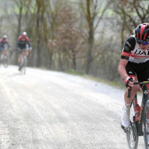 Tadej Pogacar on the attack at the 2022 Strade Bianche