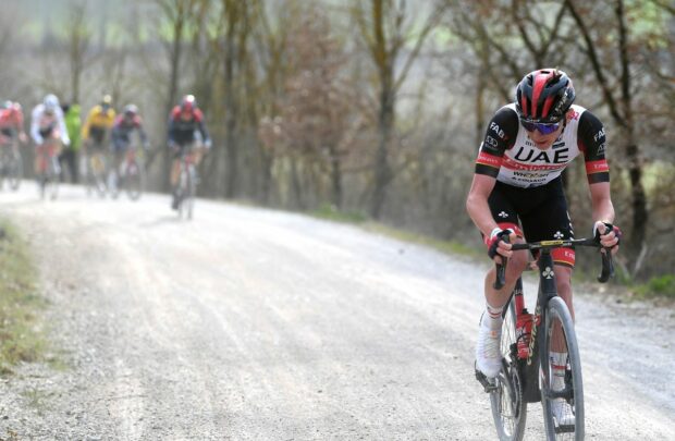 Tadej Pogacar on the attack at the 2022 Strade Bianche