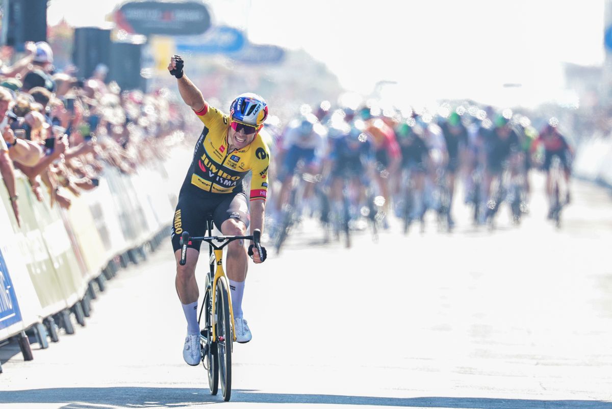 Wout van Aert winning stage 5 of the 2023 Tour of Britian