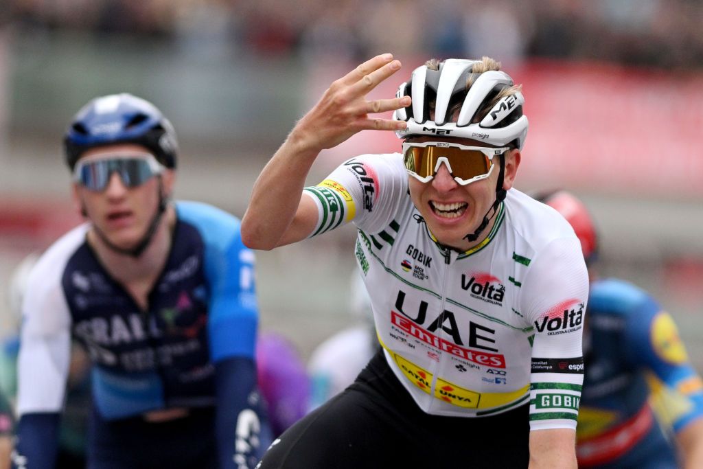 Tadej Pogacar (UAE Team Emirates) celebrates his fourth stage win and the overall victory in Barcelona at the Volta a Catalunya