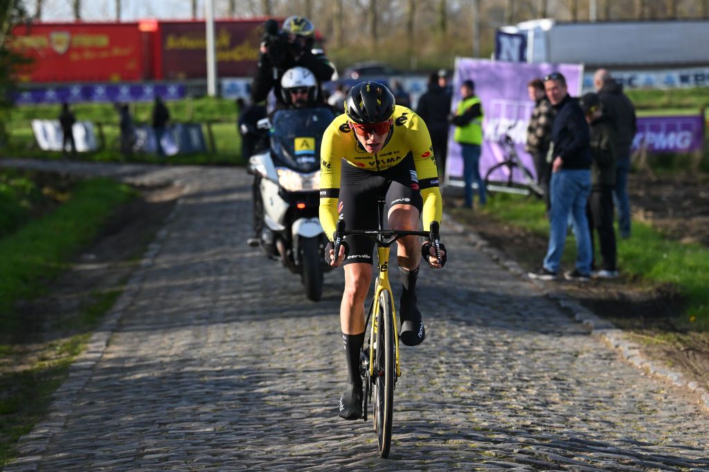 Matteo Jorgenson (Visma-Lease A Bike) tackles the cobbles on the way to winning the 2024 Dwars door Vlaanderen