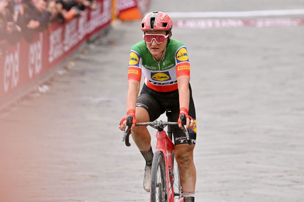 Elisa Longo Borghini of Lidl-Trek crosses the finish line in second place at 2024 Strade Bianche Women