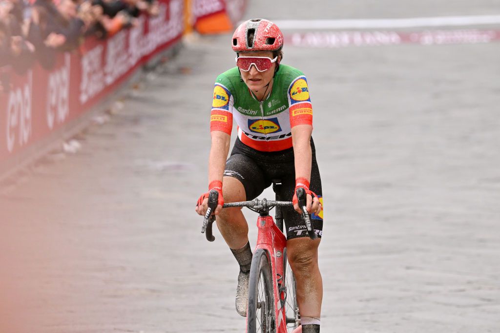 Elisa Longo Borghini of Lidl-Trek crosses the finish line in second place at 2024 Strade Bianche Women