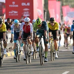 Riders sprint to the line at the 2024 UAE Tour