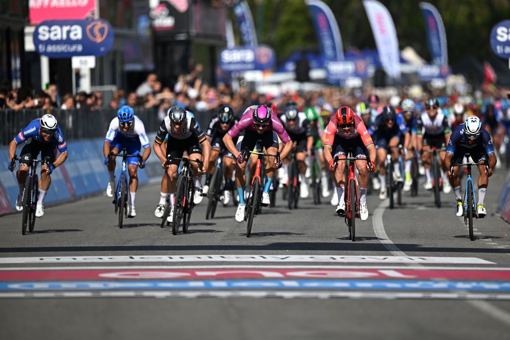 NAPLES ITALY MAY 11 LR Kaden Groves of Australia and Team AlpecinDeceuninck Pascal Ackermann of Germany and UAE Team Emirates Jonathan Milan of Italy and Team Bahrain Victorious Purple Points Jersey Mads Pedersen of Denmark and Team Trek Segafredo and Fernando Gaviria of Colombia and Movistar Team sprint at finish line during the 106th Giro dItalia 2023 Stage 6 a 162km stage from Naples to Naples UCIWT on May 11 2023 in Naples Italy Photo by Stuart FranklinGetty Images