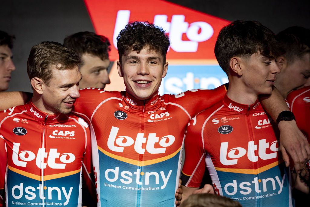Arnaud De Lie during the presentation of Lotto Dstny cycling team
