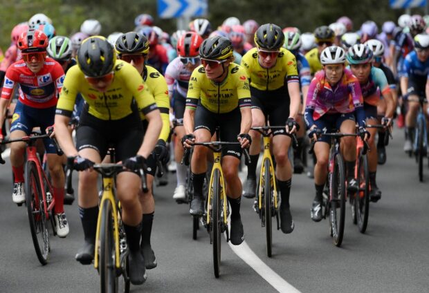 MONCOFAR, SPAIN - APRIL 29: (L-R) Amanda Spratt of Australia, Gaia Realini of Italy and Team Lidl - Trek - Red Leader Jersey and Marianne Vos of The Netherlands and Team Visma