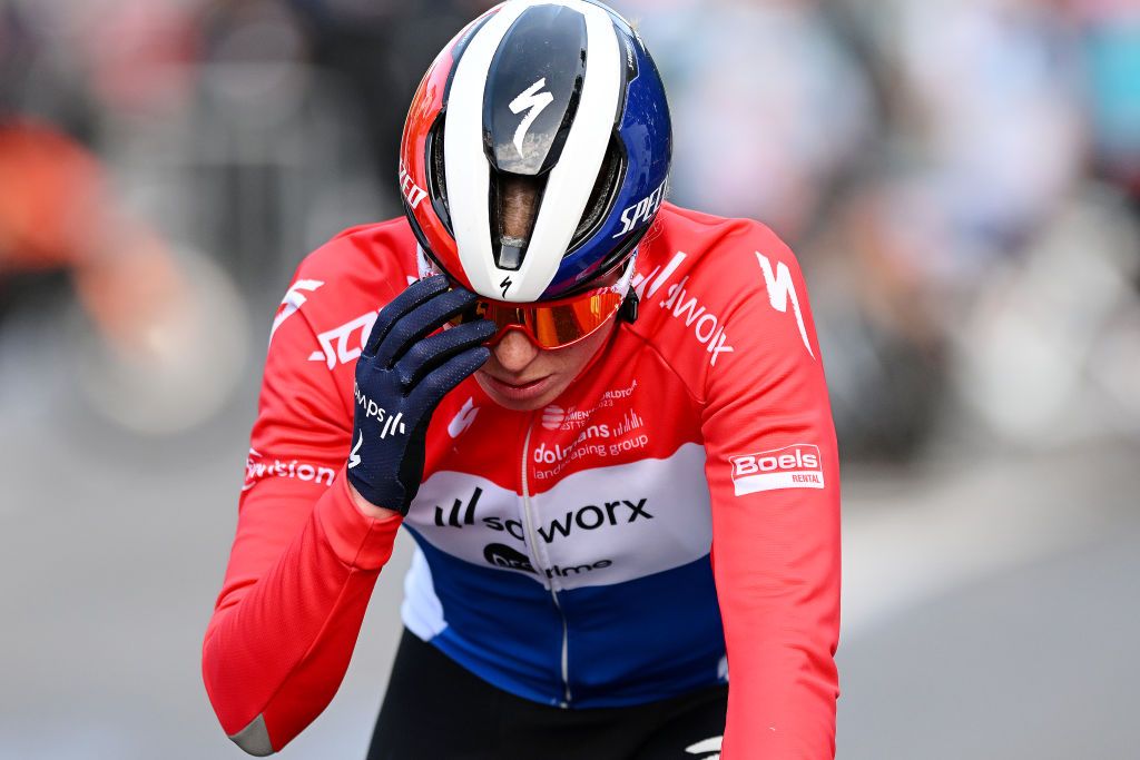 LIEGE BELGIUM APRIL 24 Demi Vollering of The Netherlands and Team SD Worx Protime crosses the finish line as third place during the 8th Liege Bastogne Liege Femmes 2024 a 1529km one day race from Bastogne to Liege UCIWWT on April 24 2024 in Liege Belgium Photo by Dario BelingheriGetty Images