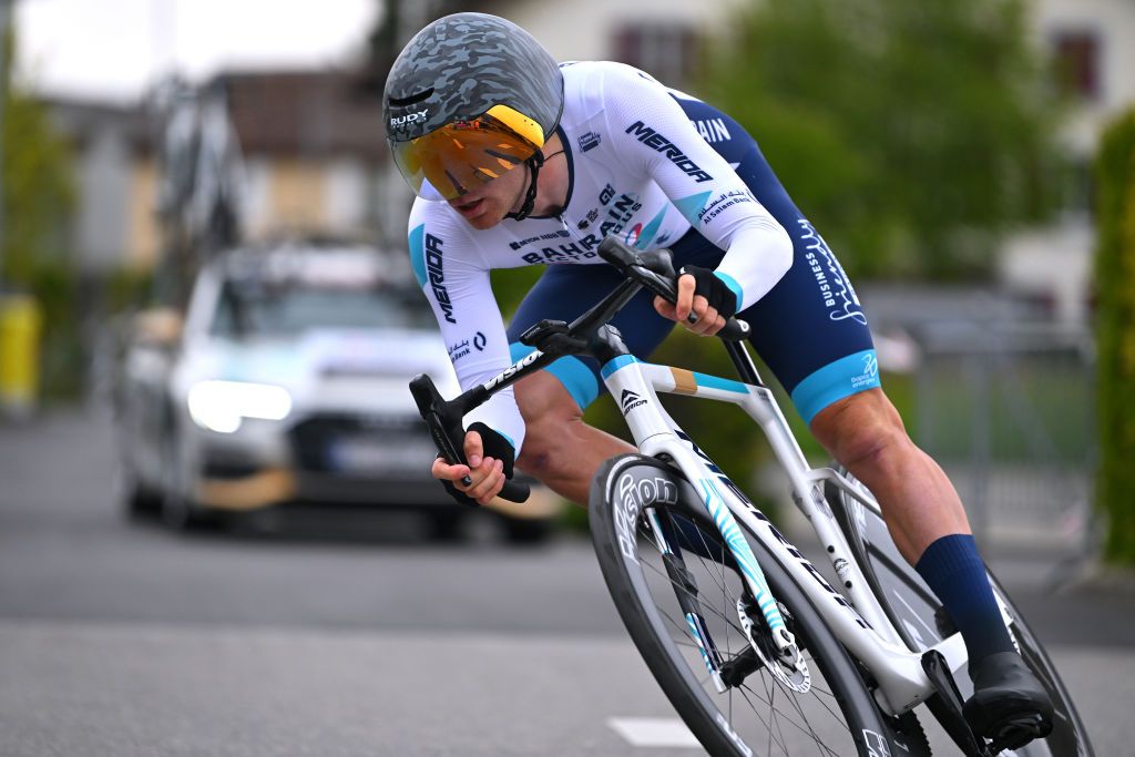 PAYERNE SWITZERLAND APRIL 23 Cameron Scott of Australia and Team Bahrain Victorious sprints during the 77th Tour De Romandie 2024 Prologue a 228km individual time trial stage from Payerne to Payerne UCIWT on April 23 2024 in Payerne Switzerland Photo by Luc ClaessenGetty Images