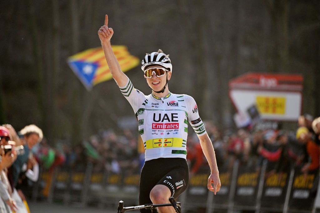 Tadej Pogačar (UAE Team Emirates) celebrates the third of four stage victories during his dominant Volta a Catalunya victory