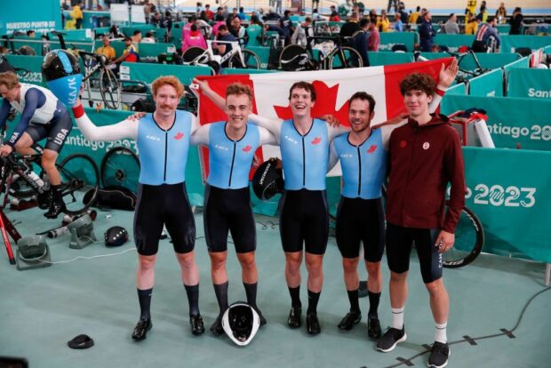 Canadas team celebrate after winning the track cycling mens team pursuit final of the Pan American Games Santiago 2023