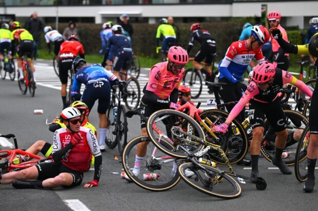 Riders get up after a crash during the 2024 Saxo Classic in Belgium