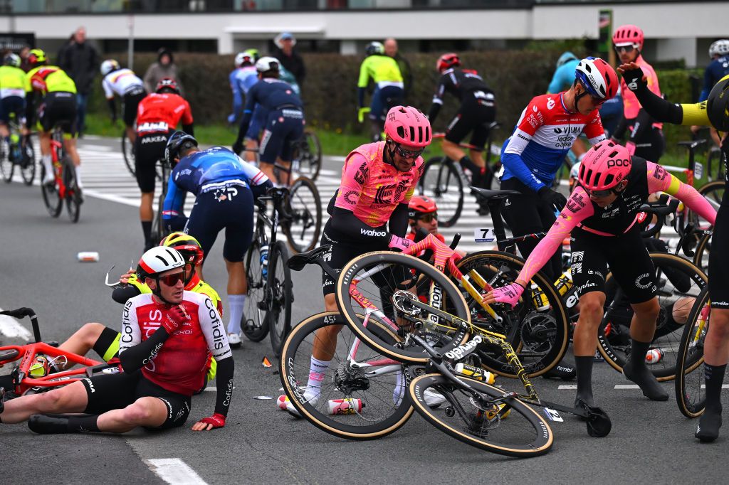 Riders get up after a crash during the 2024 Saxo Classic in Belgium