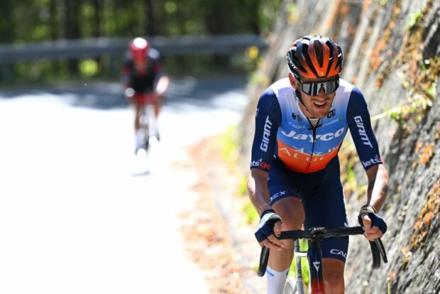 Alessandro De Marchi (Jayco-AlUla) on the attack during the Tour de Alps stage 2