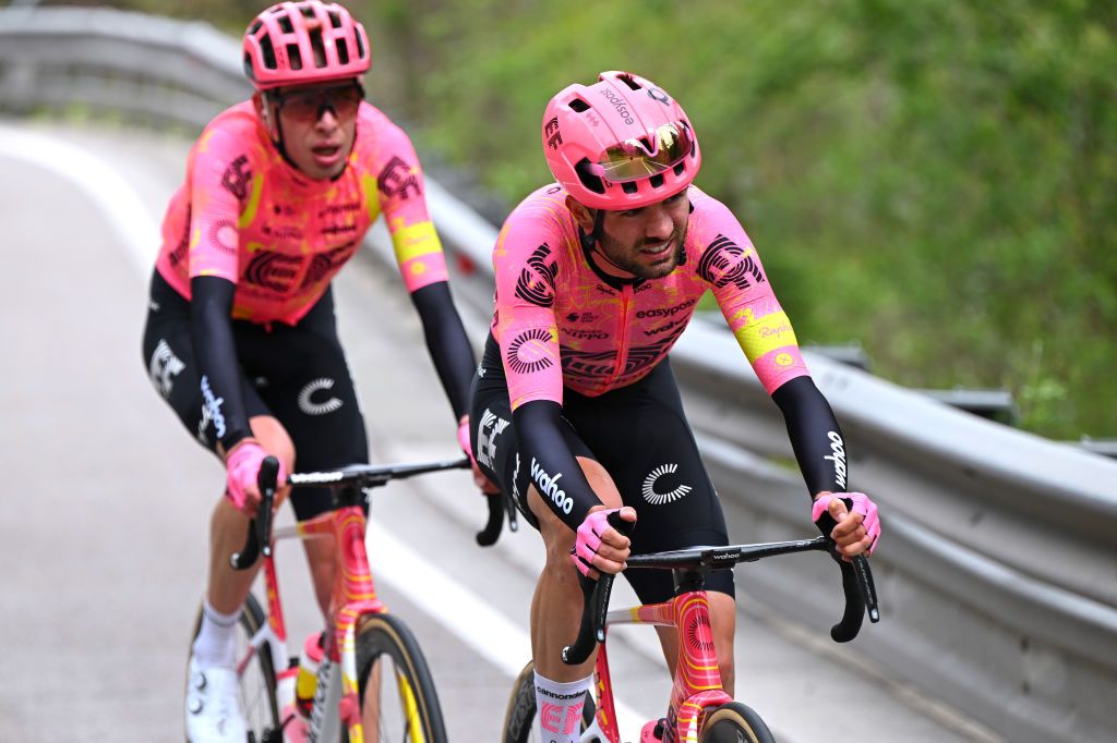 Simon Carr leads EF Education-EasyPost teammate Hugh Carthy on a stage 4 attack at the 2024 Tour of the Alps