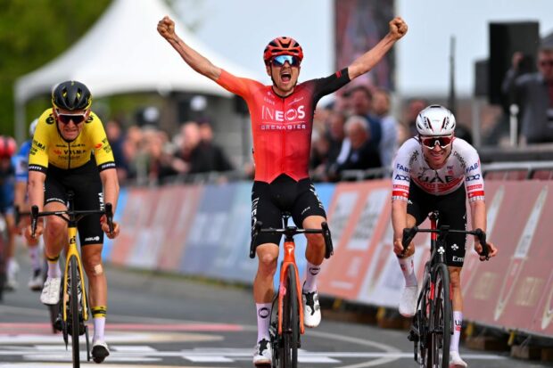 Tom Pidcock celebrates his win at the first of the 2024 Ardennes triple at Amstel Gold Race