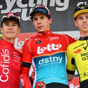 Matthew Brennan (right) on the Circuit de Wallonie podium alongside Arnaud De Lie and Axel Zingle