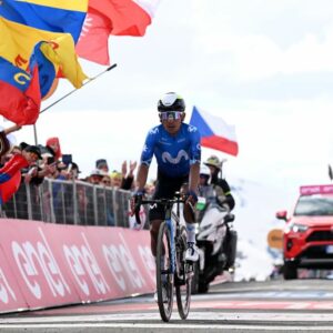 Nairo Quintana crosses the finish line in second place during stage 15 at the Giro d