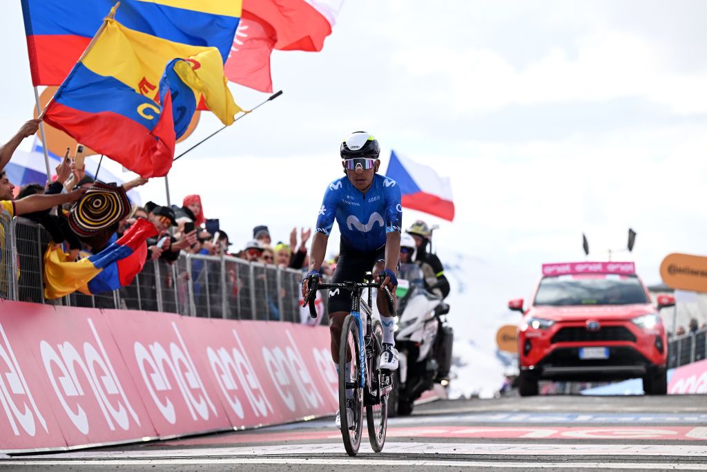 Nairo Quintana crosses the finish line in second place during stage 15 at the Giro d