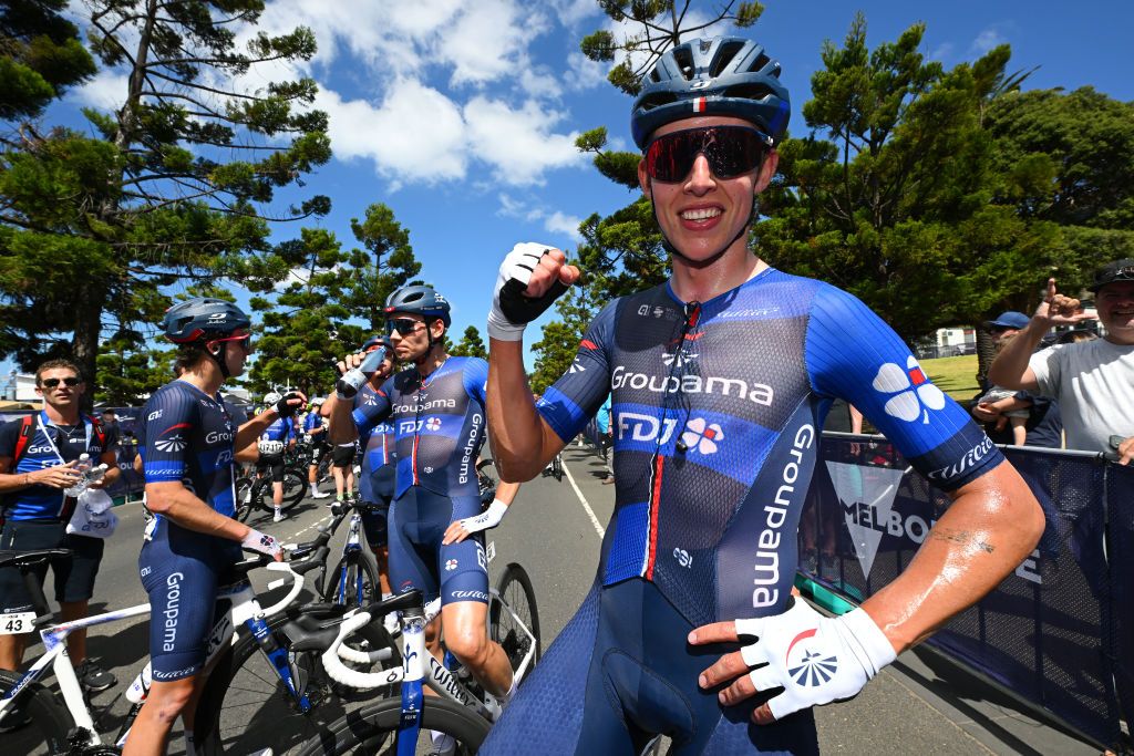 GEELONG AUSTRALIA JANUARY 28 Race winner Laurence Pithie of New Zealand and Team GroupamaFDJ reacts after the 8th Cadel Evans Great Ocean Road Race 2024 Mens Elite a 1743km one day race from Geelong to Geelong UCIWT on January 28 2024 in Geelong Australia Photo by Tim de WaeleGetty Images