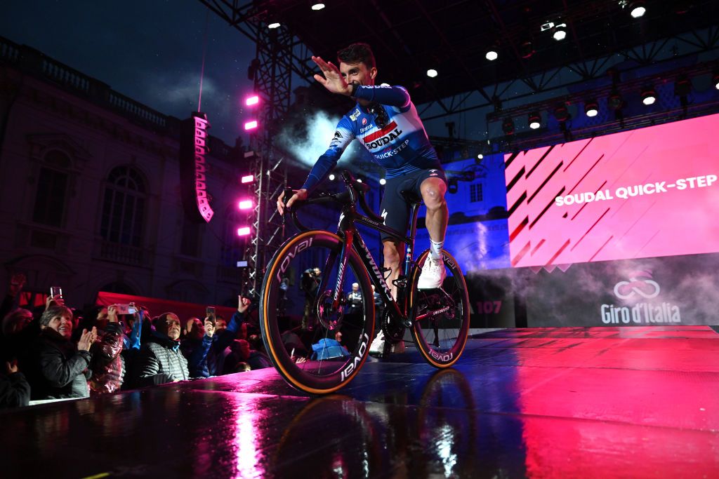 TURIN ITALY MAY 02 Julian Alaphilippe of France and Team Soudal QuickStep during the Team Presentation of the 107th Giro dItalia 2024 at the Castello del Valentino UCIWT on May 02 2024 in Turin Italy Photo by Dario BelingheriGetty Images