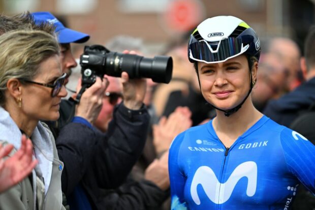 DENAIN FRANCE APRIL 06 Emma Norsgaard of Denmark and Movistar Team prior to the 4th ParisRoubaix Femmes 2024 a 1485km one day race from Denain to Roubaix on UCIWWT April 06 2024 in Denain France Photo by Luc ClaessenGetty Images