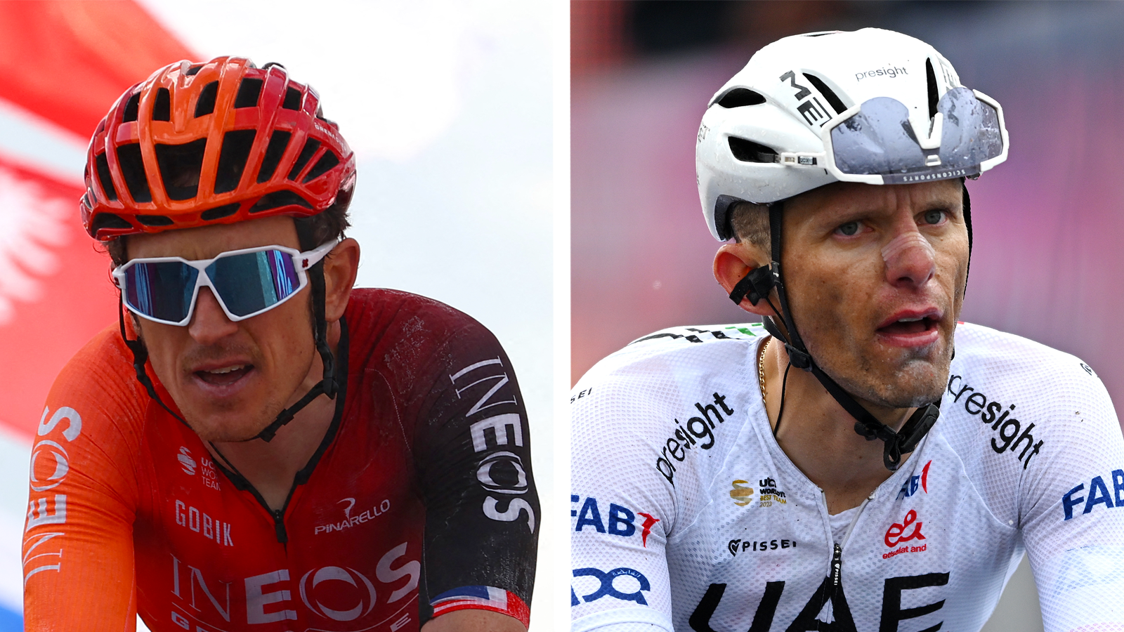 Une photo combinée montrant Geraint Thomas et Rafał Majka, tous deux avec les sangles de leur casque assez lâches