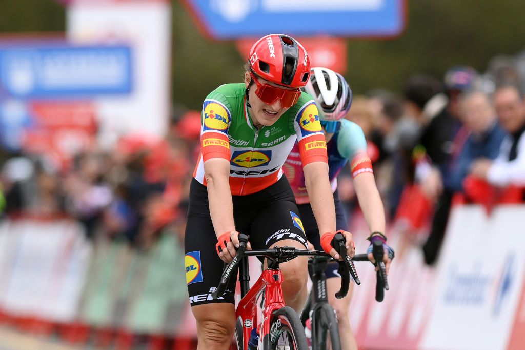 VALDESQUI COMUNIDAD DE MADRID MADRID SPAIN MAY 05 Elisa Longo Borghini of Italy and Team Lidl Trek crosses the finish line during the 10th La Vuelta Femenina 2024 Stage 8 a 895km stage from Distrito Telefonica Madrid to Valdesqui Comunidad de Madrid 1860m UCIWWT on May 05 2024 in Valdesqui Comunidad De Madrid Madrid Spain Photo by Alex BroadwayGetty Images