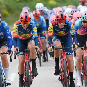 Lidl-Trek teammates Lucinda Brand and Elisa Balsamo riding together among the peloton earlier in stage 1 of Vuelta a Burgos Féminas, which ended with a crash for Balsamo