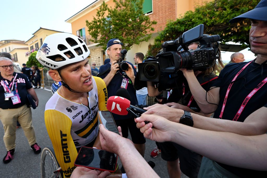 Luke Plapp speaks with the press after stage 6 at the Giro d