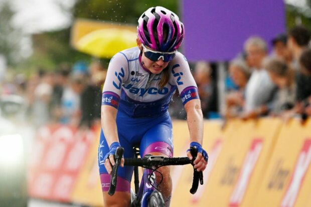 HADERSLEV DENMARK AUGUST 27 Ingvild Gskjenn of Norway and Team JaycoAlUla crosses the finish line during the 9th Tour of Scandinavia 2023 Battle Of The North Stage 5 a 1439km stage from Middelfart to Haderslev UCIWWT on August 27 2023 in Haderslev Denmark Photo by Luc ClaessenGetty Images