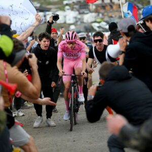 Tadej Pogacar in a solo breakaway climbing the Mottolino on stage 15 at the Giro d