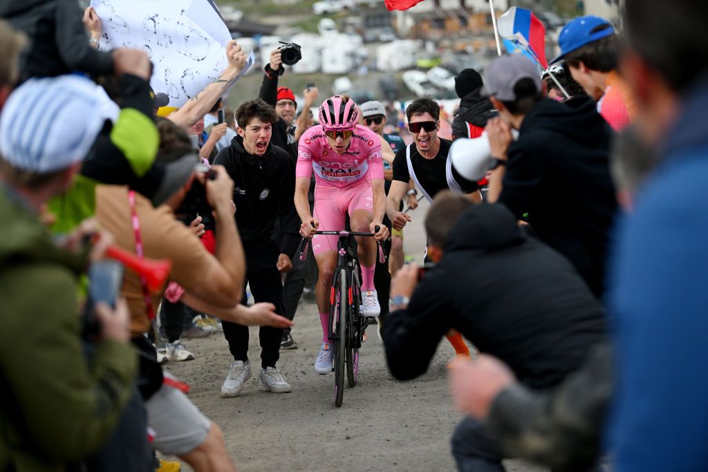 Tadej Pogacar in a solo breakaway climbing the Mottolino on stage 15 at the Giro d