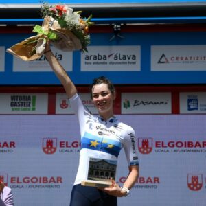 ELGOIBAR SPAIN MAY 10 Mischa Bredewold of The Netherlands and Team SD Worx Protime celebrates at podium as stage winner during the 3rd Itzulia Women 2024 Stage 1 a 140km stage from VitoriaGasteiz to Elgoibar UCIWWT on May 10 2024 in Elgoibar Spain Photo by Alex BroadwayGetty Images