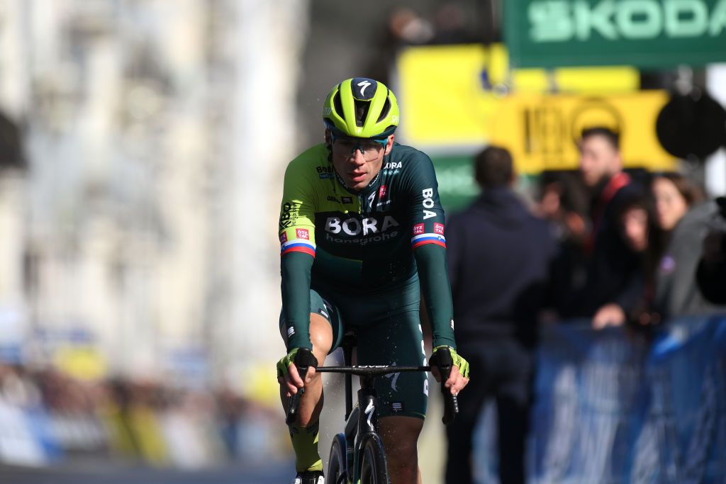 NICE FRANCE MARCH 10 Primoz Roglic of Slovenia and Team BORA hansgrohe crosses the finish line during the 82nd Paris Nice 2024 Stage 8 a 1093km stage from Nice to Nice UCIWT on March 10 2024 in Nice France Photo by Alex BroadwayGetty Images