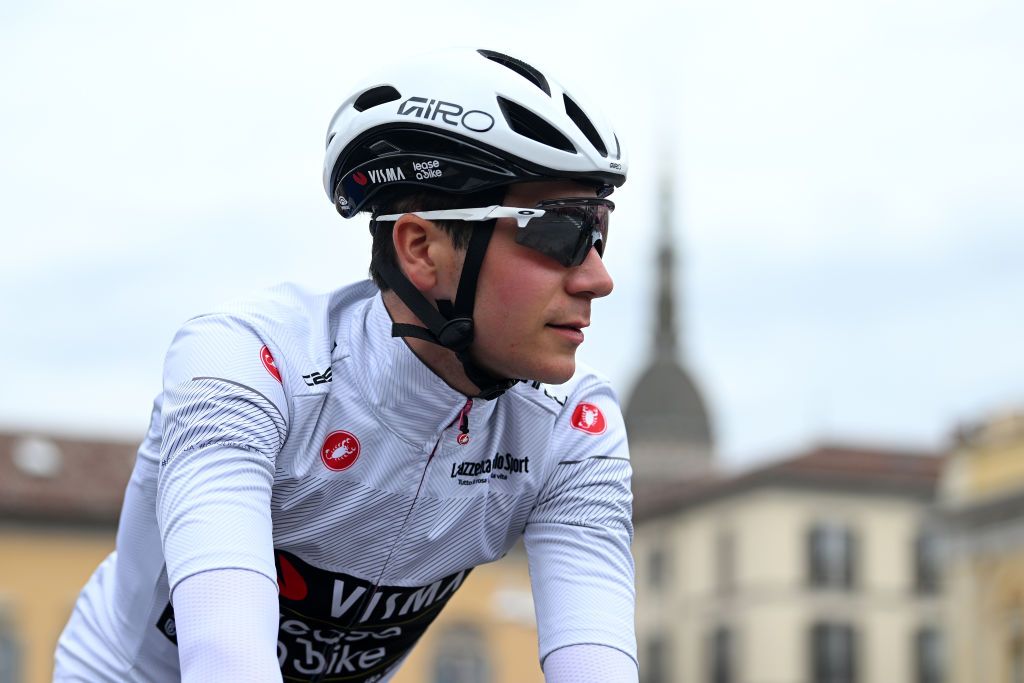 NOVARA ITALY MAY 06 Cian Uijtdebroeks of Belgium and Team Visma Lease a Bike White best young jersey prior to the 107th Giro dItalia 2024 Stage 3 a 166km stage from Novara to Fossano 374m UCIWT on May 06 2024 in Novara Italy Photo by Dario BelingheriGetty Images