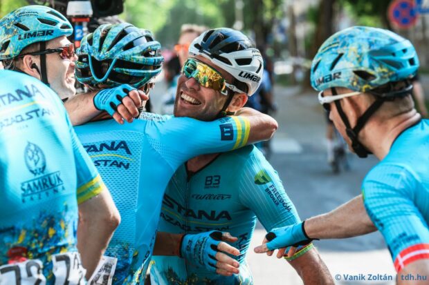 Astana Qazaqstan teammates congratulate Mark Cavendish on sprint win Thursday on stage 2 at Tour de Hongrie