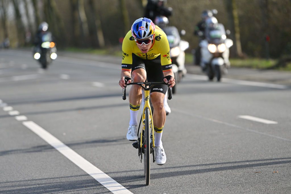 KUURNE BELGIUM FEBRUARY 25 Wout Van Aert of Belgium and Team Visma Lease A Bike competes in the breakaway during the 76th Kuurne Bruxelles Kuurne 2024 a 1964km one day race from Kortrijk to Kuurne on February 25 2024 in Kuurne Belgium Photo by Luc ClaessenGetty Images