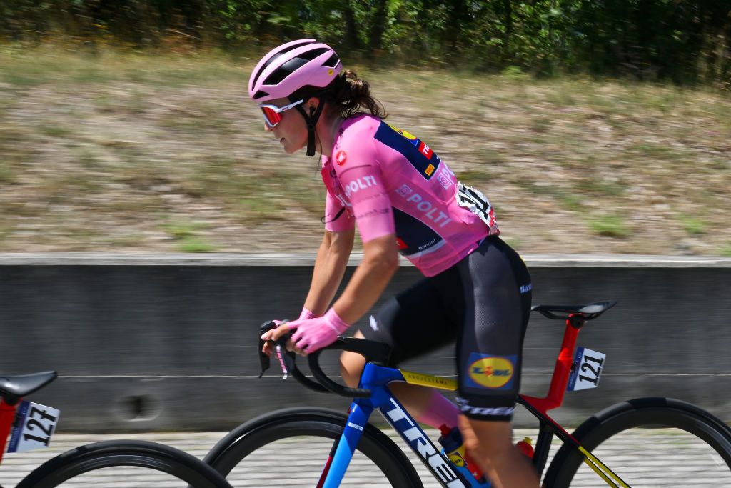 CHIETI ITALY JULY 12 Elisa Longo Borghini of Italy and Team Lidl Trek Pink Leader Jersey competes during the 35th Giro dItalia Women 2024 Stage 6 a 159km stage from San Benedetto del Tronto to Chieti 330m UCIWWT on July 12 2024 in San Benedetto del Chieti Italy Photo by Luc ClaessenGetty Images