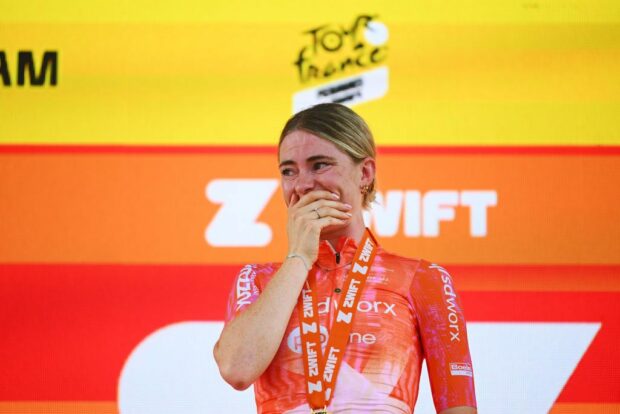 ROTTERDAM NETHERLANDS AUGUST 13 Demi Vollering of The Netherlands and Team SD Worx Protime reacts at podium as stage winner during the 3rd Tour de France Femmes 2024 Stage 3 a 679km individual time trial stage from Rotterdam to Rotterdam UCIWWT on August 13 2024 in Rotterdam Netherlands Photo by Dario BelingheriGetty Images