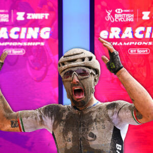 Paris Roubaix racer in front of Zwift screen