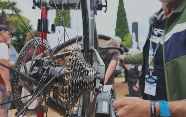 image shows cassette and gear system on a road bike