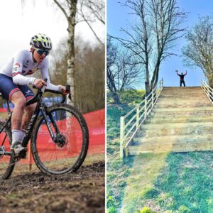 Cat Ferguson during a cyclo-cross race alongside a picture of wooden stairs